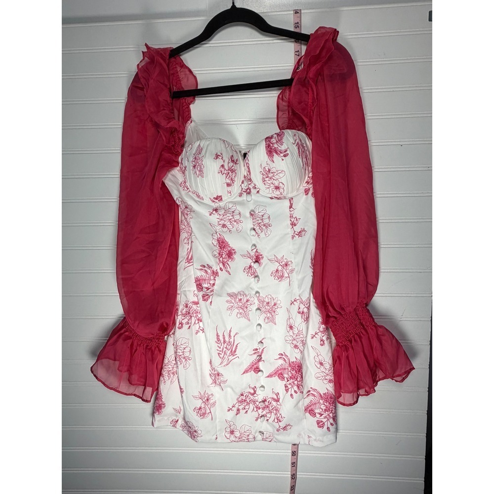 282- Banjul Pink Floral Mini Dress Sheer Puff Sleeve Ruffle Sweetheart Small